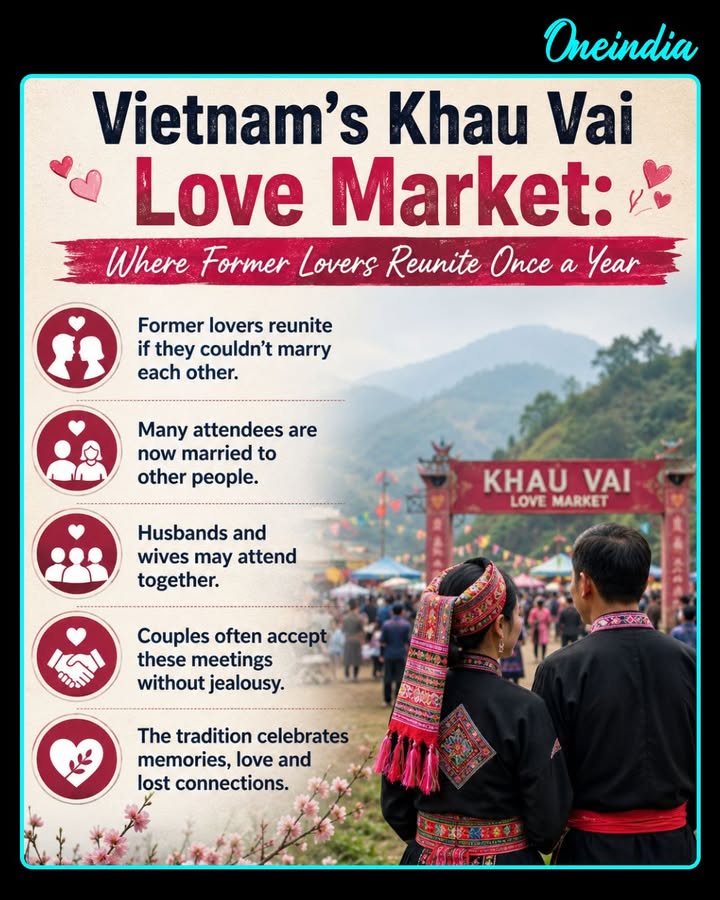 Every year, Vietnam’s Khau Vai Love Market brings together former lovers who could never marry, allowing them to reconnect—even when both are now married to others. Remarkably, spouses may attend together and accept these reunions without jealousy.