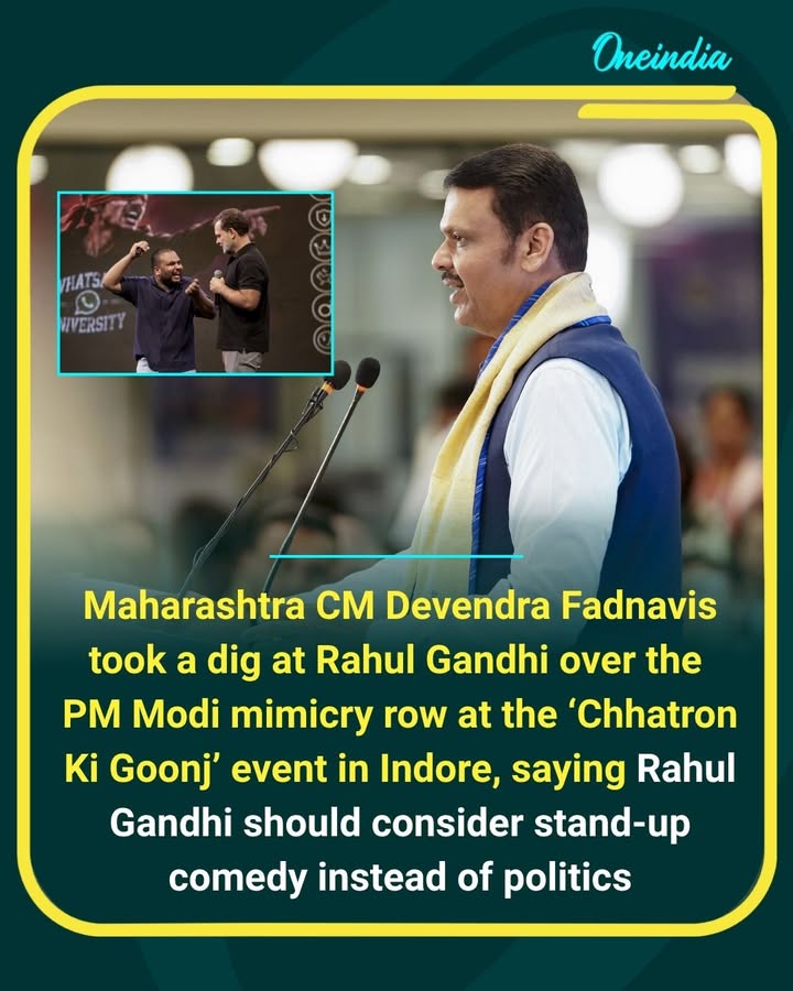 Devendra Fadnavis reacts to the PM Modi mimicry controversy at Rahul Gandhi’s Indore event, suggesting the Congress leader pursue stand-up comedy.