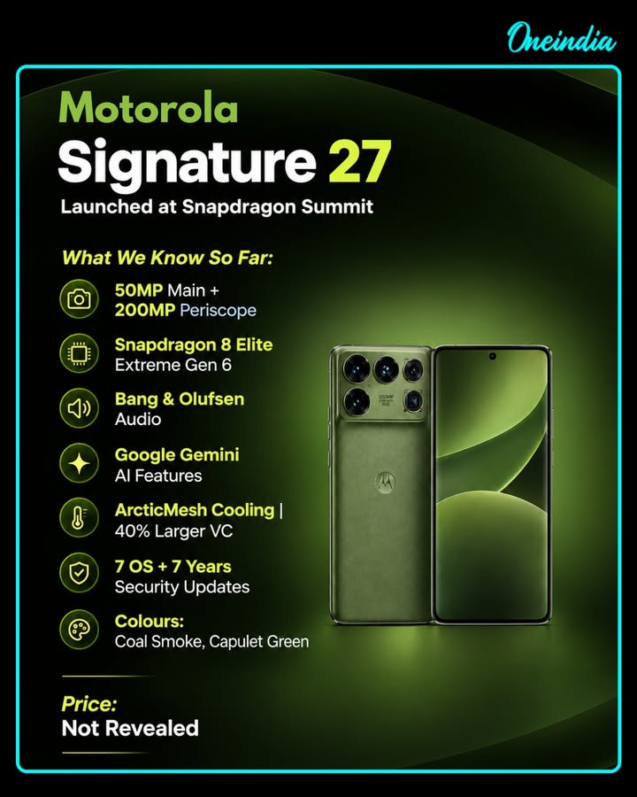 Motorola Signature 27 Debuts With Snapdragon 8 Elite Extreme Gen 6 & 200MP Telephoto