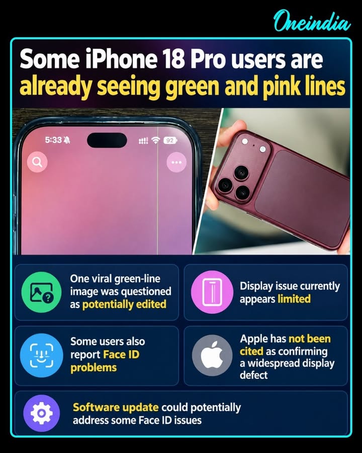 Some iPhone 18 Pro users have seen green or pink lines on their displays shortly after launch. However, available evidence suggests the issue is not widespread, with some viral images also being questioned as potentially manipulated. Separate reports have also flagged Face ID problems, which could potentially be addressed through a future soft.