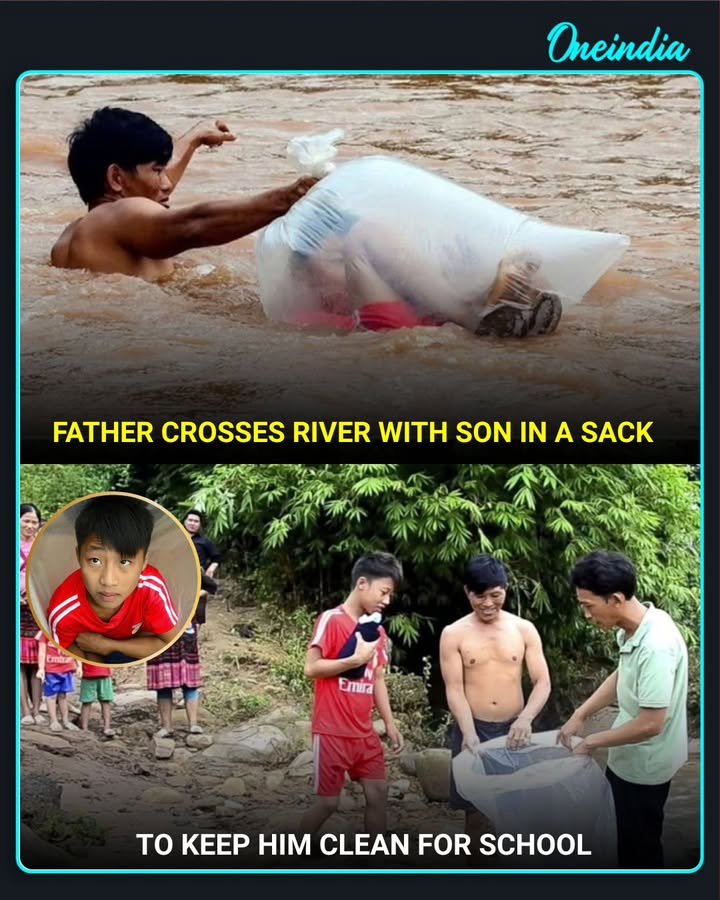 A father’s determination to get his son to school has touched hearts. He crossed a river carrying his son inside a sack to ensure the child reached school clean and ready to study.