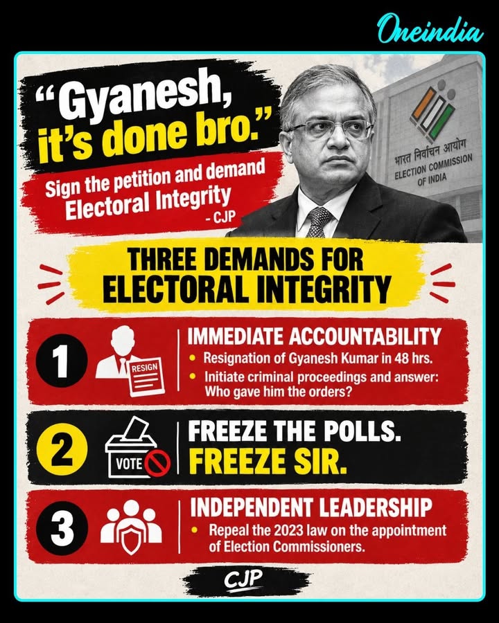 The Cockroach Janta Party (CJP) has launched a petition outlining three demands on electoral integrity: accountability of CEC Gyanesh Kumar, a freeze on upcoming polls and SIR, and changes to the law governing Election Commissioner appointments. The group also calls for an independent inquiry into SIR-related decisions.