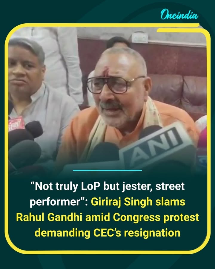 Giriraj Singh took a sharp dig at Rahul Gandhi, calling him a “jester” and “street performer” amid the Congress protest seeking CEC Gyanesh Kumar’s resignation.