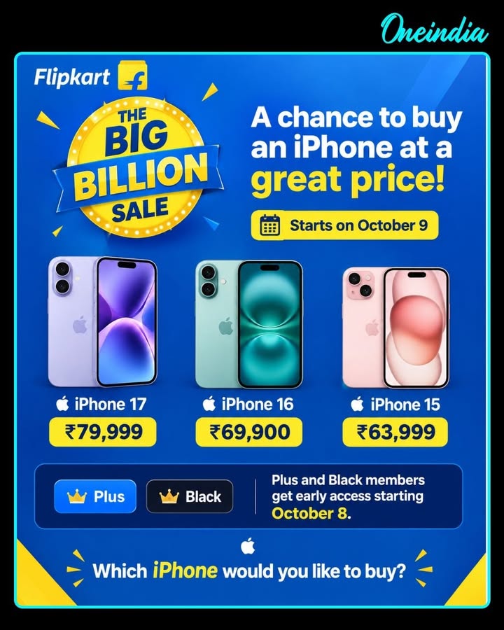 Flipkart’s Big Billion Sale starts October 9, offering the iPhone 17 at ₹79,999, iPhone 16 at ₹69,900 and iPhone 15 at ₹63,999. Plus and Black members can get early access from October 8.