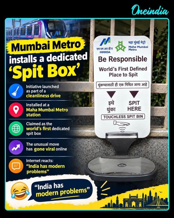 Mumbai Metro’s dedicated ‘Spit Box’ at a Maha Mumbai Metro station has gone viral online. Introduced as part of a cleanliness drive, the unusual facility has sparked humorous reactions across social media.
