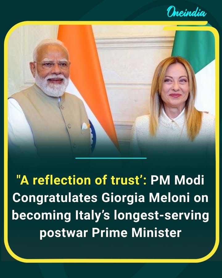 PM Modi congratulates Giorgia Meloni on reaching a historic milestone as Italy’s longest-serving postwar Prime Minister, calling her achievement a reflection of the trust placed in her leadership.