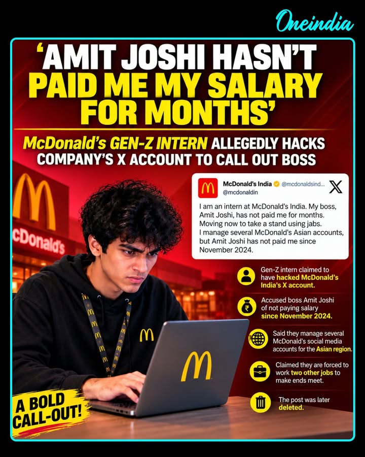A post allegedly linked to McDonald’s India’s X account has gone viral after a person claiming to be a Gen-Z intern said they had hacked the account and accused their boss, Amit Joshi, of withholding salary since December 2025. The post also claimed the intern manages multiple Asian-region social media accounts and works two additional jobs, before it was reportedly deleted.