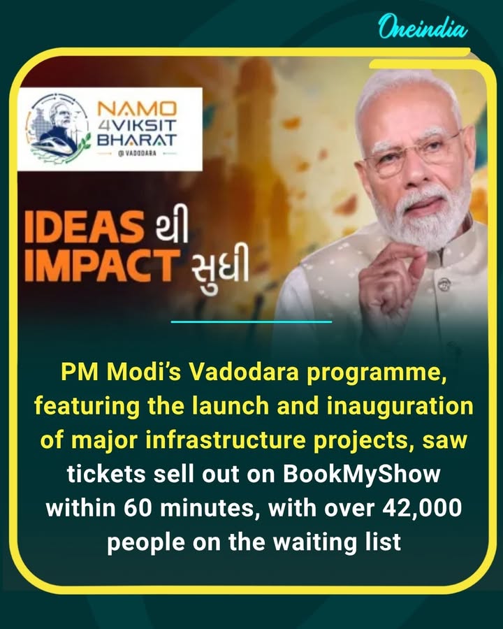 A massive response for PM Modi’s upcoming Vadodara programme as all available seats were booked within just an hour, while 42,000+ people landed on the waitlist. The event is set to feature the launch and inauguration of several major infrastructure projects.