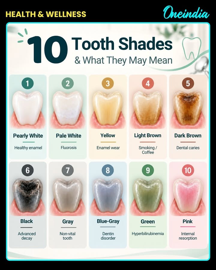 🦷 Your teeth can reveal more than just your smile! From pearly white to yellow, brown, gray or pink, different tooth shades may have different causes. Swipe through to understand what your tooth colour may indicate. 👀✨