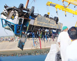 The ill-fated bus which plunged into the Narmada