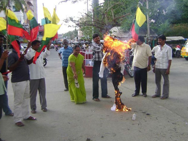 DMK and TVK cadres burnt swamy effigy