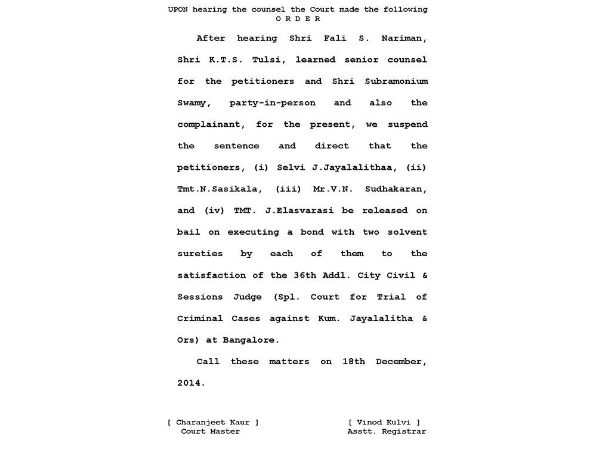 Jayalalithaa Gets Bail from Supreme Court Jayalalithaa Gets Bail from Supreme Court