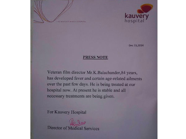 Director K.Balachandar admitted in Chennai hospital Director K.Balachandar admitted in Chennai hospital