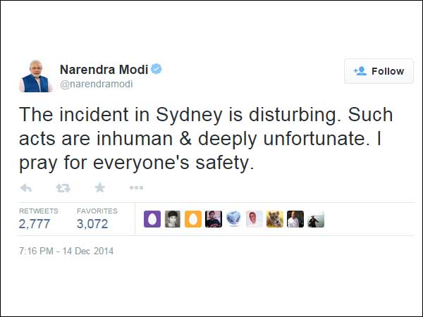 The incident in Sydney is disturbing – modi says in Twitter