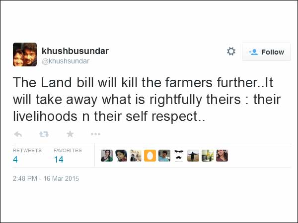 The Land bill will kill the farmers further says Kushboo The Land bill will kill the farmers further says Kushboo