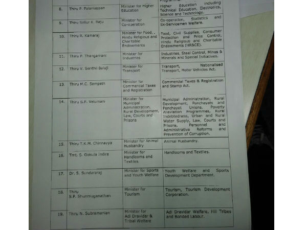 Jayalalithaa's 28 Cabinet Ministers
