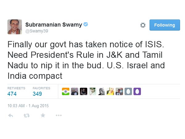 ISIS threat: Subramaniyan Swamy wants president rule in Tamilnadu