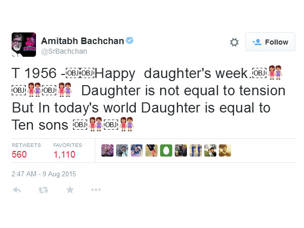 Amitabh Bachchan wishes a 'Happy Daughter's Week' Amitabh Bachchan wishes a 'Happy Daughter's Week'