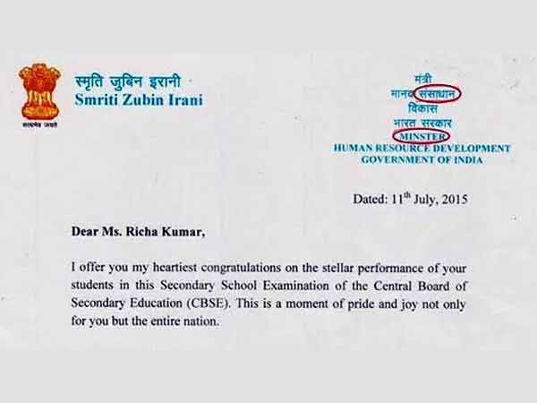Letters sent on behalf of HRD minister Smriti Irani had spelling mistakes