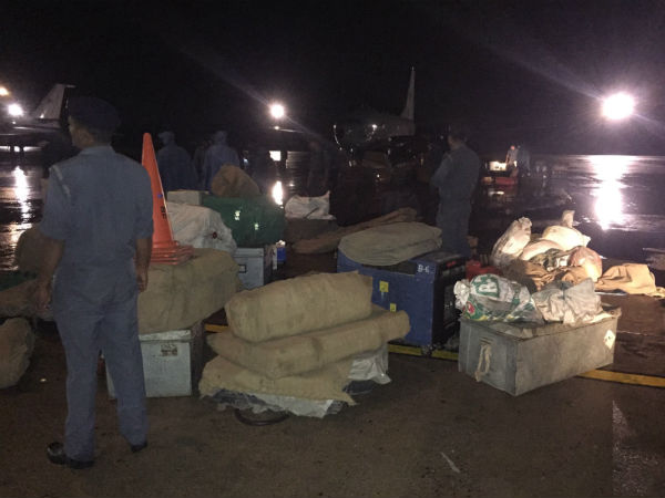 Tonnes of relief materials await to be moved out of INS Rajali Tonnes of relief materials await to be moved out of INS Rajali