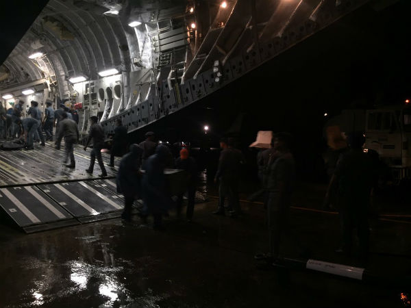 Tonnes of relief materials await to be moved out of INS Rajali Tonnes of relief materials await to be moved out of INS Rajali