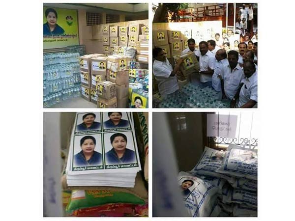 ADMK workers busy with sticking Amma stickers in Flood relief materials
