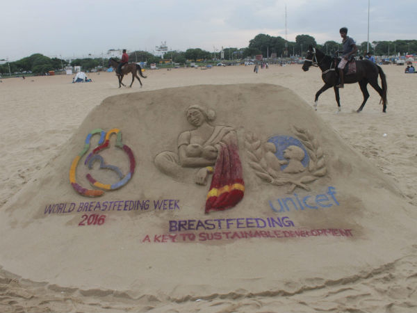 World Breastfeeding Week: Sand art in Marina beach World Breastfeeding Week: Sand art in Marina beach