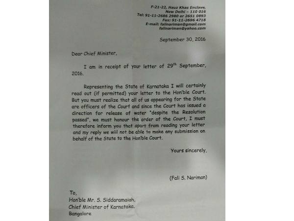 Nariman replies to CM saying would not argue for the Karnataka