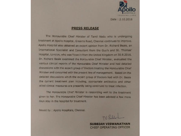 Apollo hospital released it's 5th bulletin on Jayalalithaa's health on Tuesday 