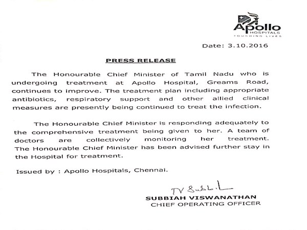 Chennai Apollo to release medical bulletin on Jayalalithaa health 