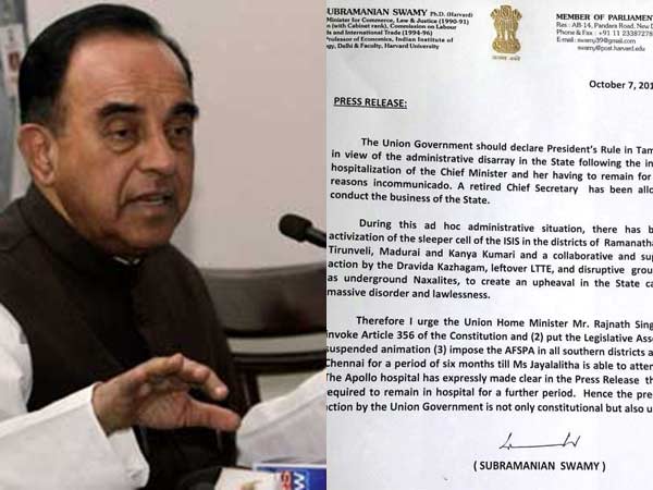 Tamil Nadu in disarray, impose President's rule urges Subramaniam Swamy Tamil Nadu in disarray, impose President's rule urges Subramaniam Swamy