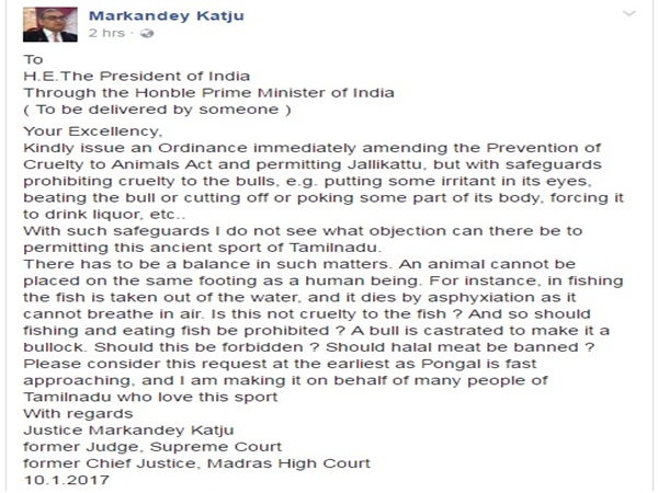 Katju seeks President's intervention in Jallikkattu issue