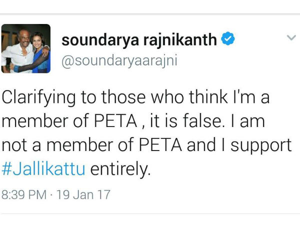 Soundarya Rajnikanth clarifies that she is not a member of peta 
