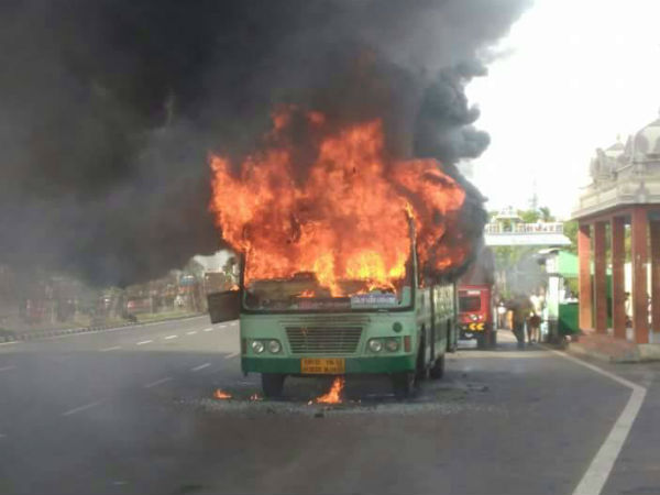 TNSTC bus catches fire near Melmaruvathur 