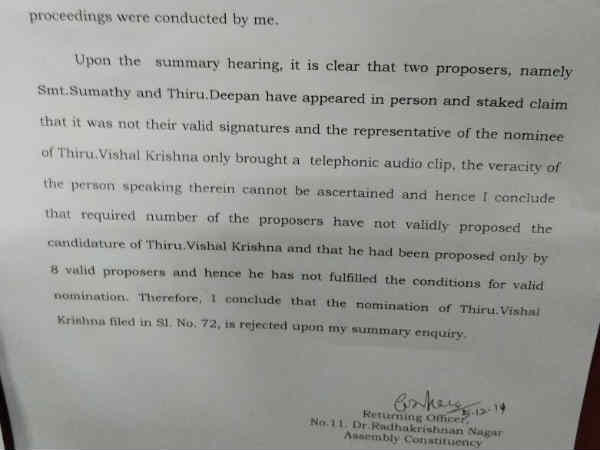 EC rejects vishal nomination