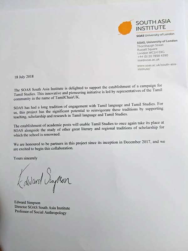 Tamil Chair in London varsity 