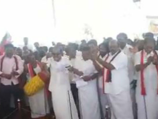 DMK cadres did bhajanai under leadership of E.V.Velu in Karunanidhis memorial 