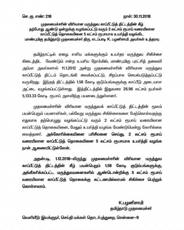 Tamilnadu governments health insurance amount increased to 5 Lakhs per annum Tamilnadu governments health insurance amount increased to 5 Lakhs per annum