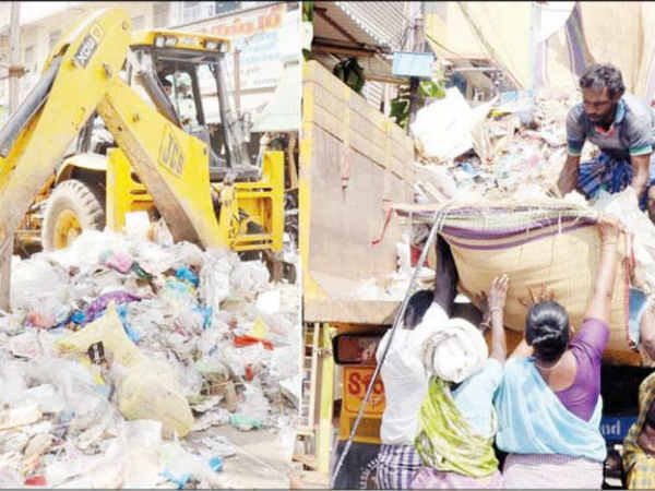 Trichy shopping streets were filled with 20 tonnes of garbages Trichy shopping streets were filled with 20 tonnes of garbages