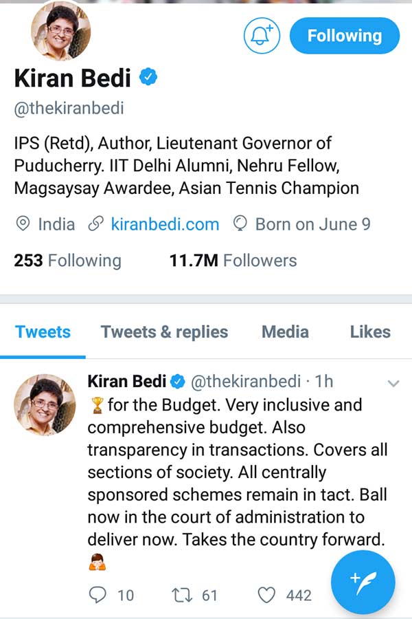 kiran bedi budget reaction