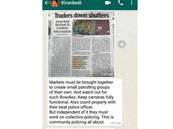 kiran bedi calls traders to form teams to save them from rowdies