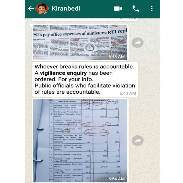Puducherry Governor Kiran bedi allegations of corruption On Ministers