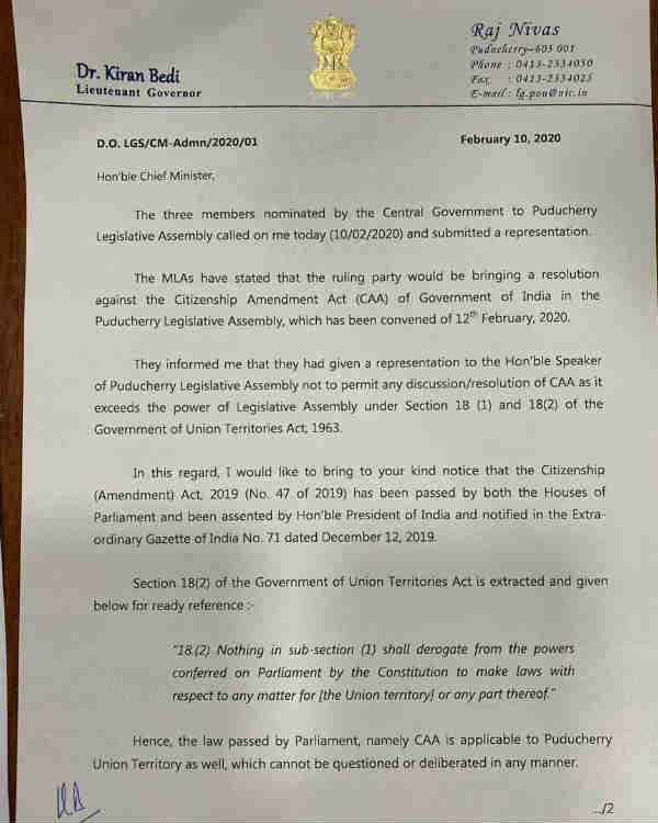Governor Kiran bedi writes to Chief Minister NarayanaSwamy Regarding citizenship amendment Act 