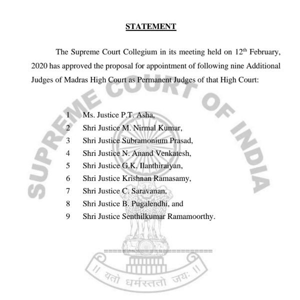  Collegium recommends 9 additional judges as permanent judges