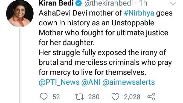 Puducherry Governor Kiran bedi comment on the execution of Nirbhaya case convicts 