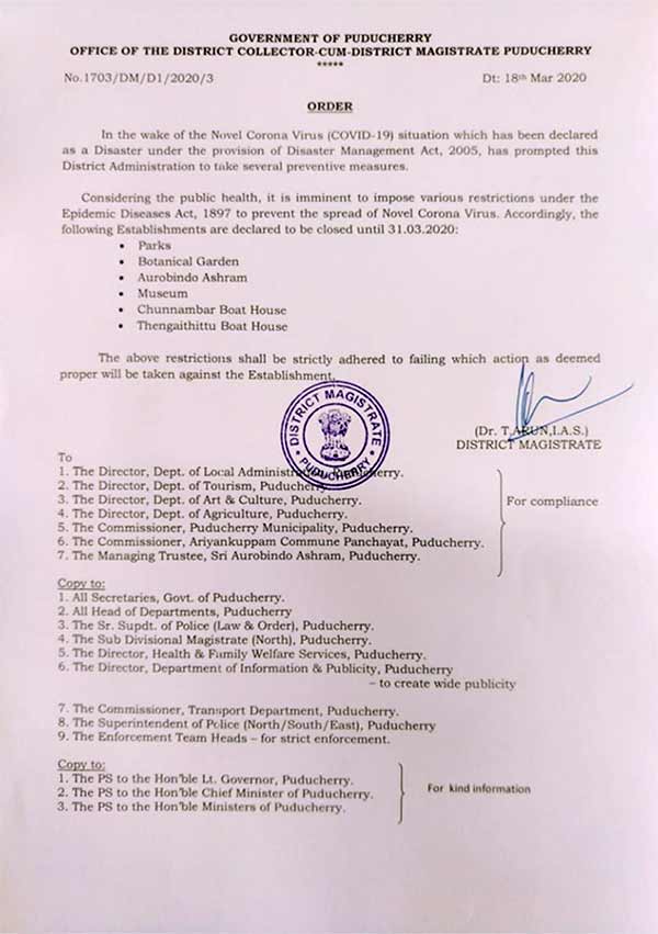 Tourist places in Puducherry closed due to coronavirus 