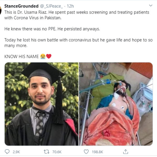 Usama Riaz, a young doctor who treated coronavirus patients has died in pakistan 