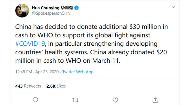 China to give WHO US$30 million more after US freezes funds