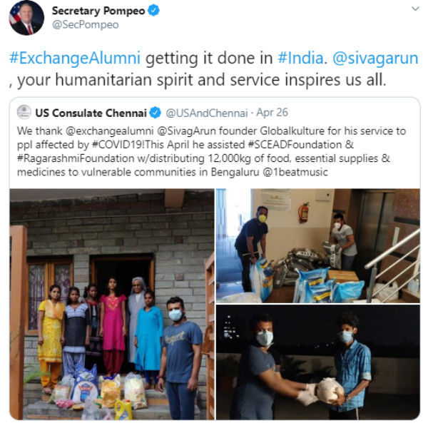 Bengaluru based musician Arun Sivag lauded by Mike Pompeo for his humanitarian efforts 