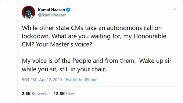 Kamal Haasan slams TN CM on lockdown extension 